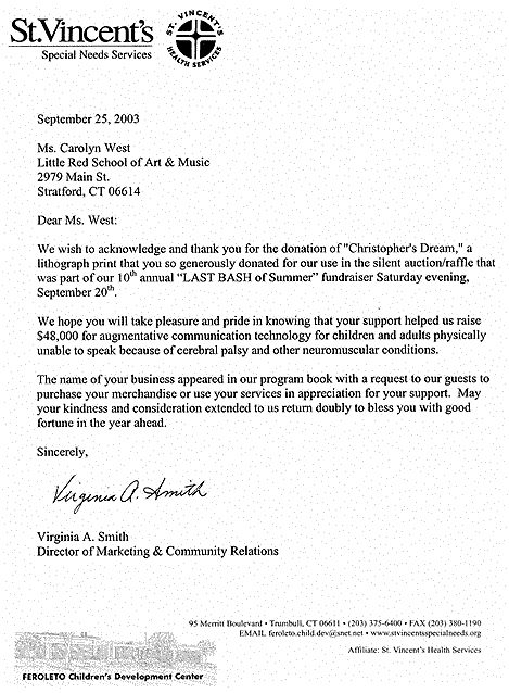 Thank you letter from St. Vincent’s Hospital – September – 2003